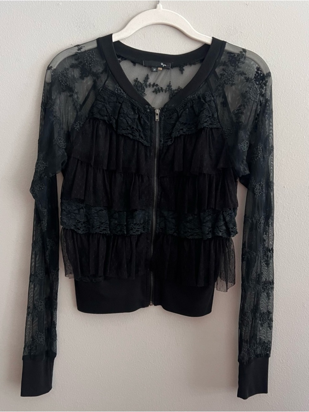 Ryu Black Lace Ruffle Zip-Front sheer top size medium